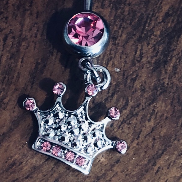 Pink Princess Crown Dangle belly Button ring - Picture 3 of 3